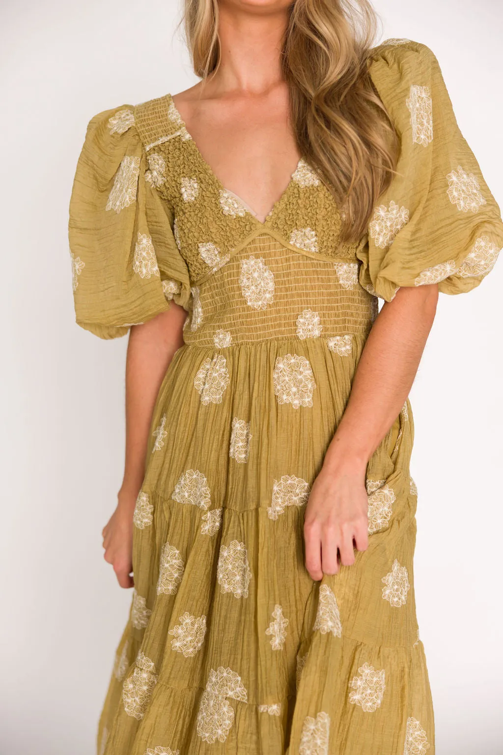 Archer Embroidered Floral Puff Sleeve Midi Dress in Olive