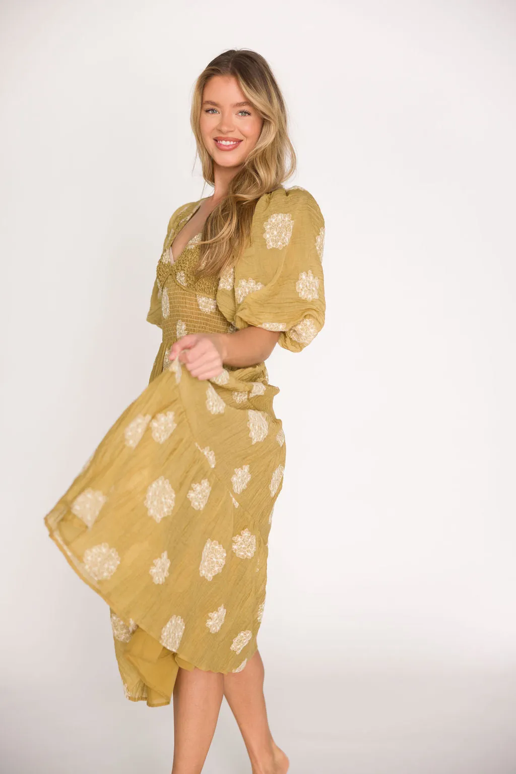 Archer Embroidered Floral Puff Sleeve Midi Dress in Olive