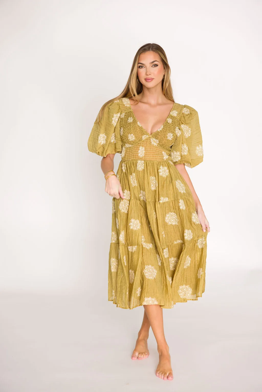 Archer Embroidered Floral Puff Sleeve Midi Dress in Olive