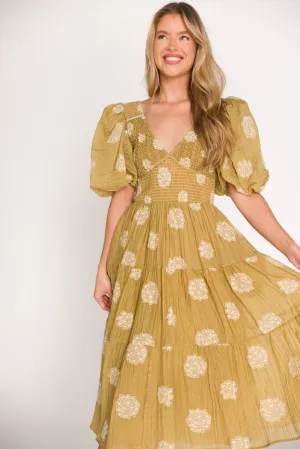Archer Embroidered Floral Puff Sleeve Midi Dress in Olive