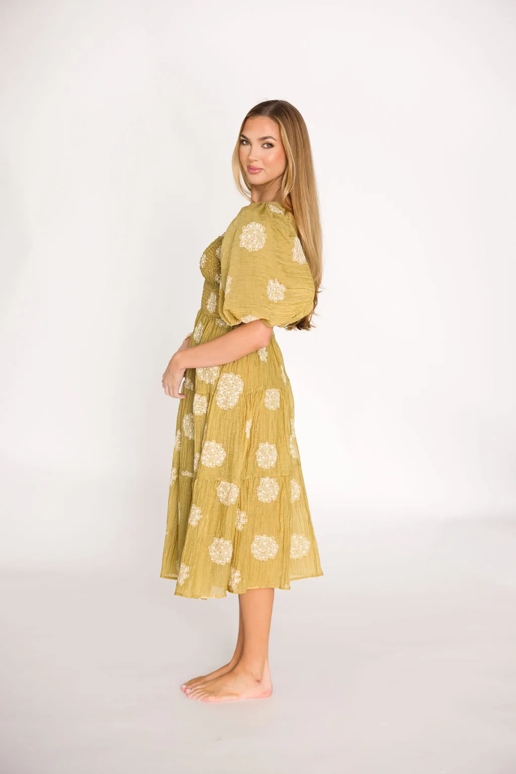 Archer Embroidered Floral Puff Sleeve Midi Dress in Olive