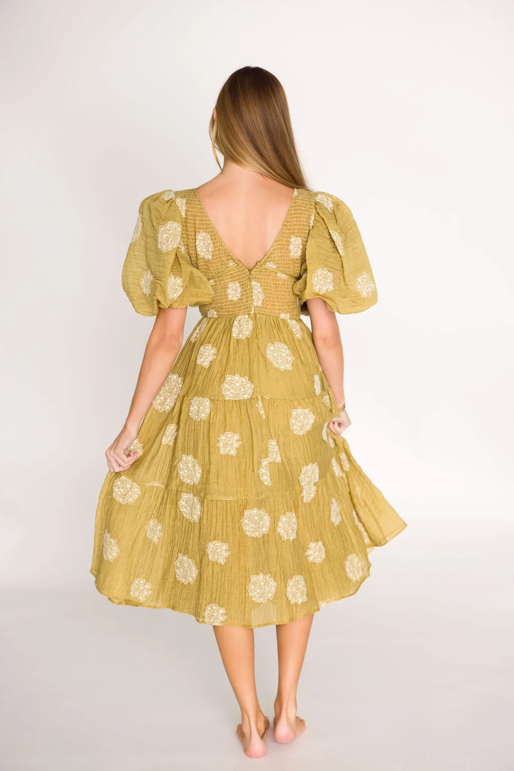 Archer Embroidered Floral Puff Sleeve Midi Dress in Olive