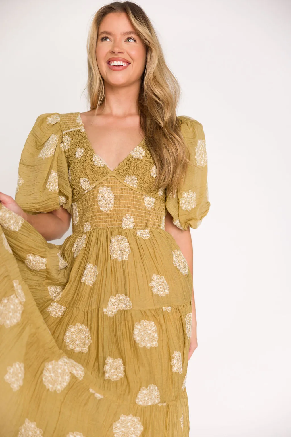 Archer Embroidered Floral Puff Sleeve Midi Dress in Olive