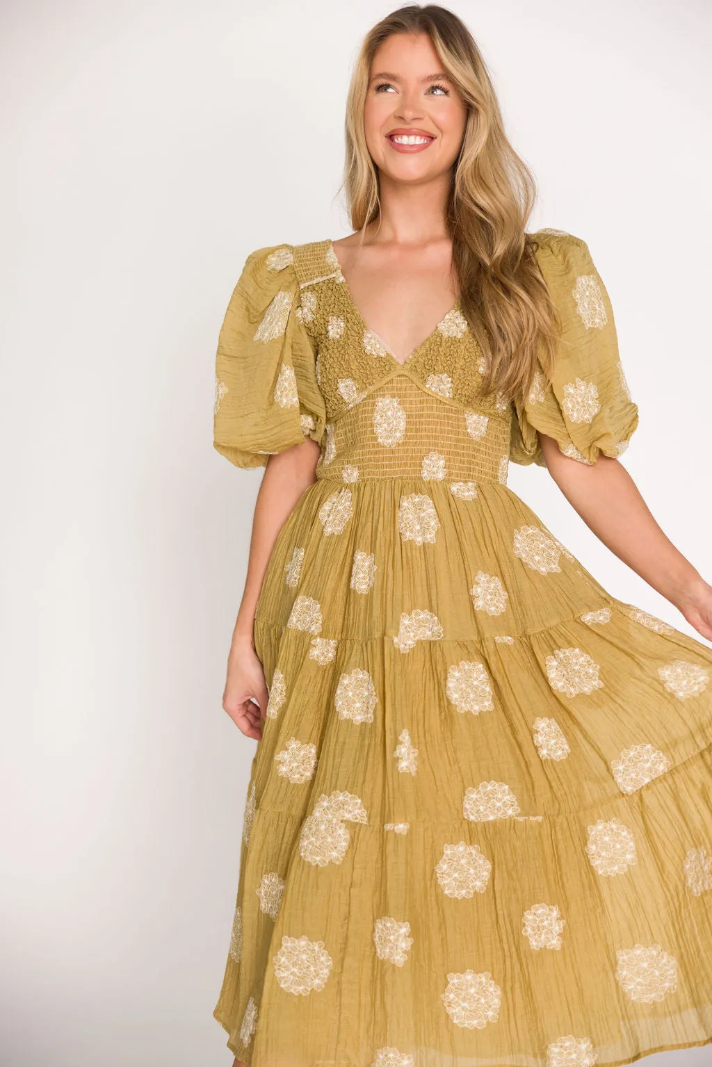 Archer Embroidered Floral Puff Sleeve Midi Dress in Olive