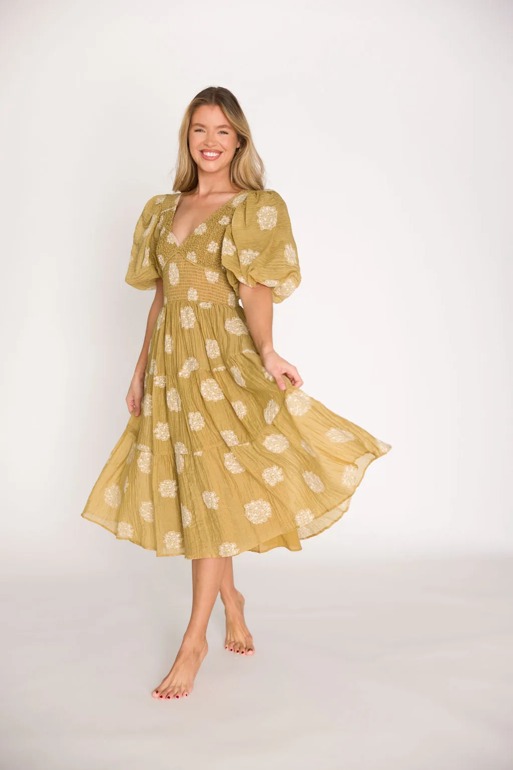 Archer Embroidered Floral Puff Sleeve Midi Dress in Olive
