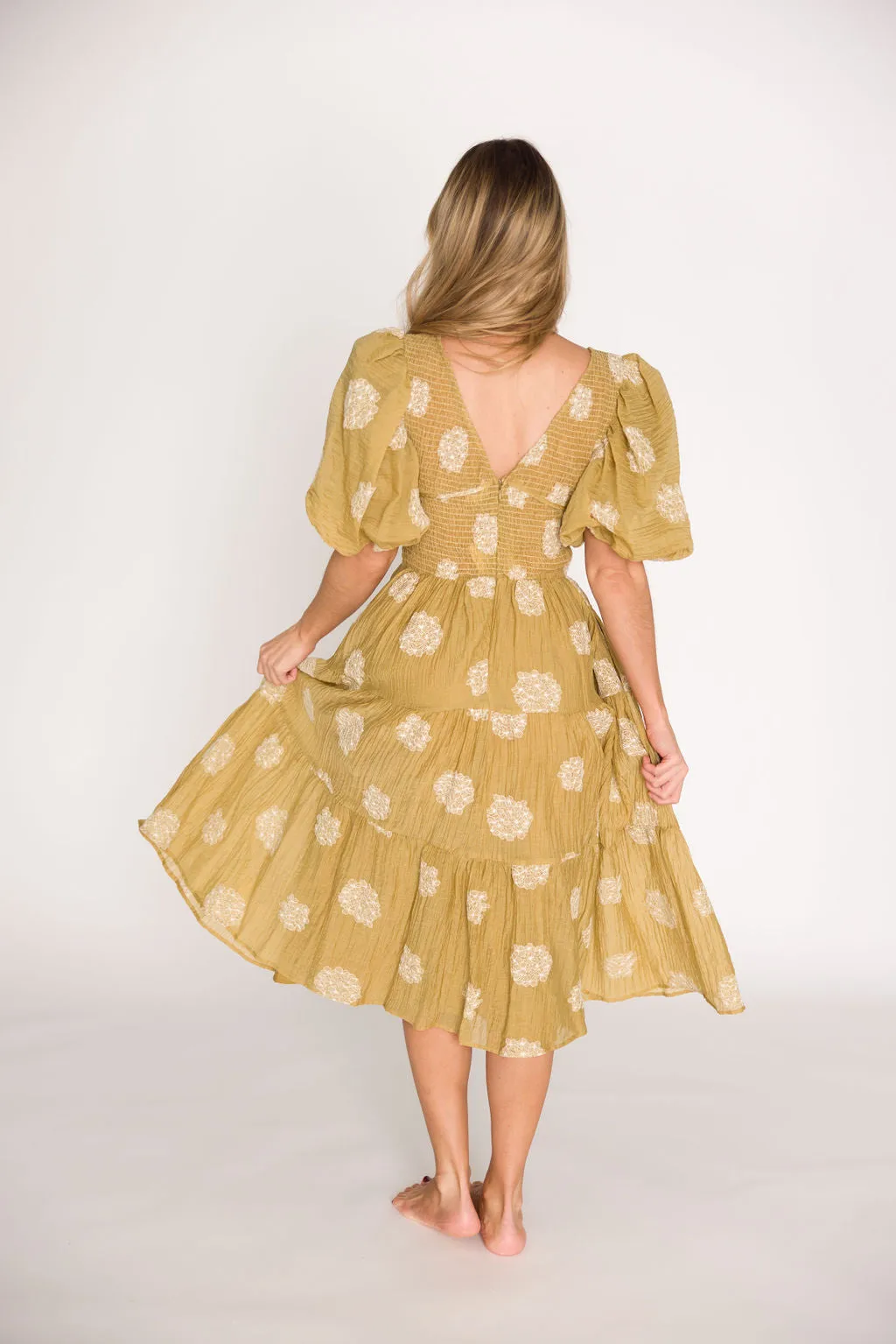 Archer Embroidered Floral Puff Sleeve Midi Dress in Olive