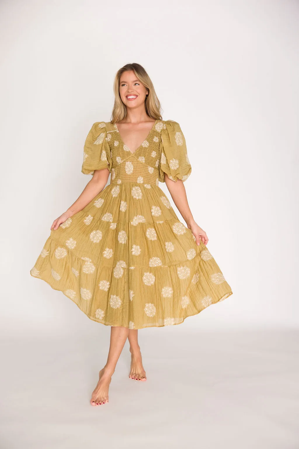 Archer Embroidered Floral Puff Sleeve Midi Dress in Olive