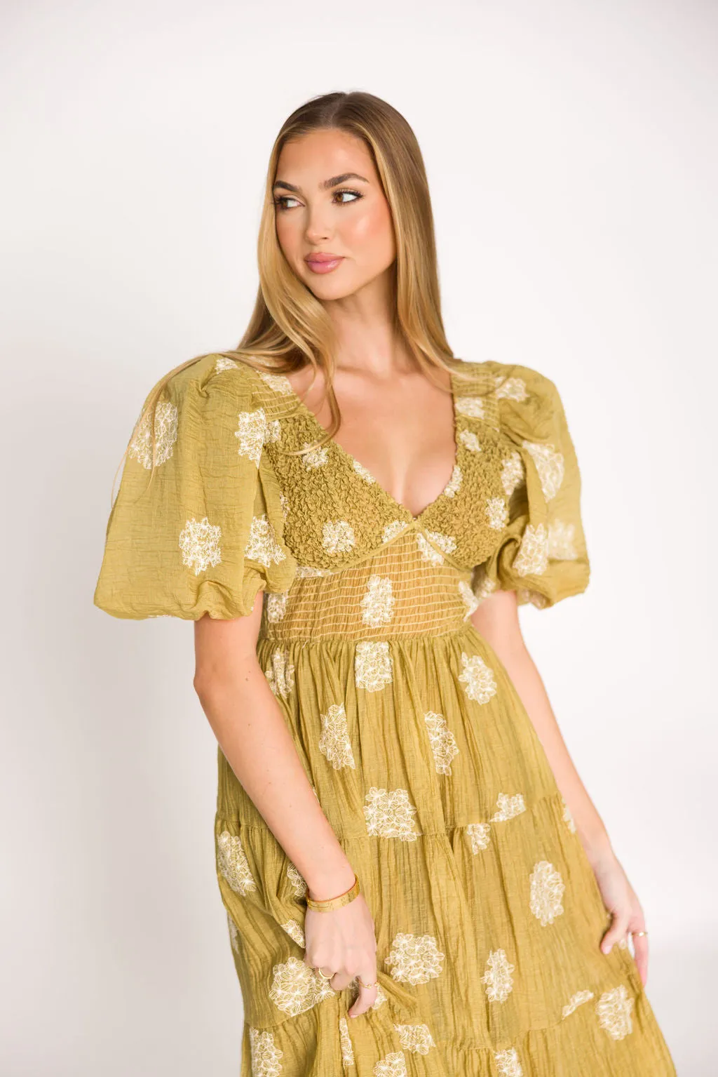 Archer Embroidered Floral Puff Sleeve Midi Dress in Olive