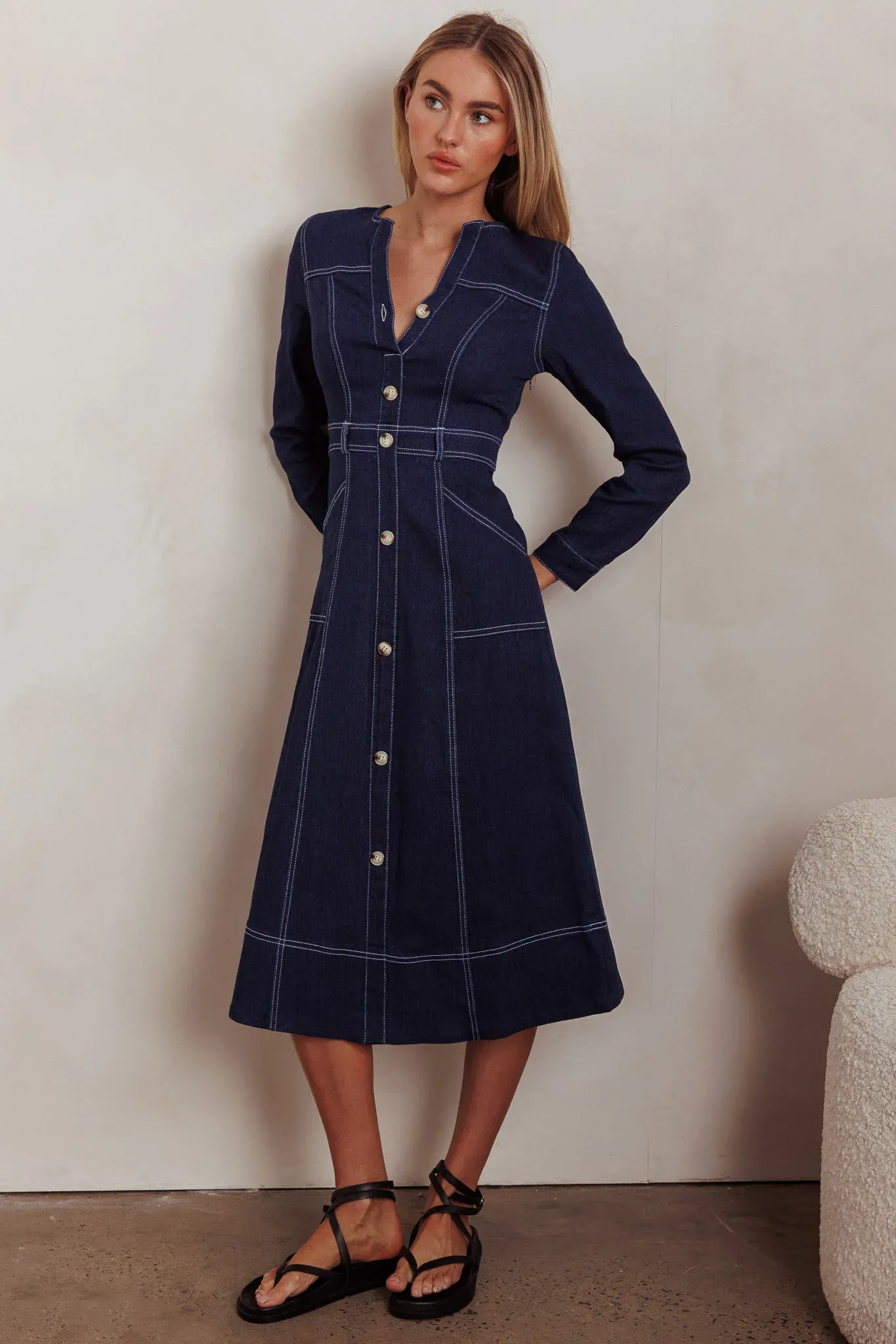 Aspen Love Front Pocket Long Sleeve Midi Dress Indigo