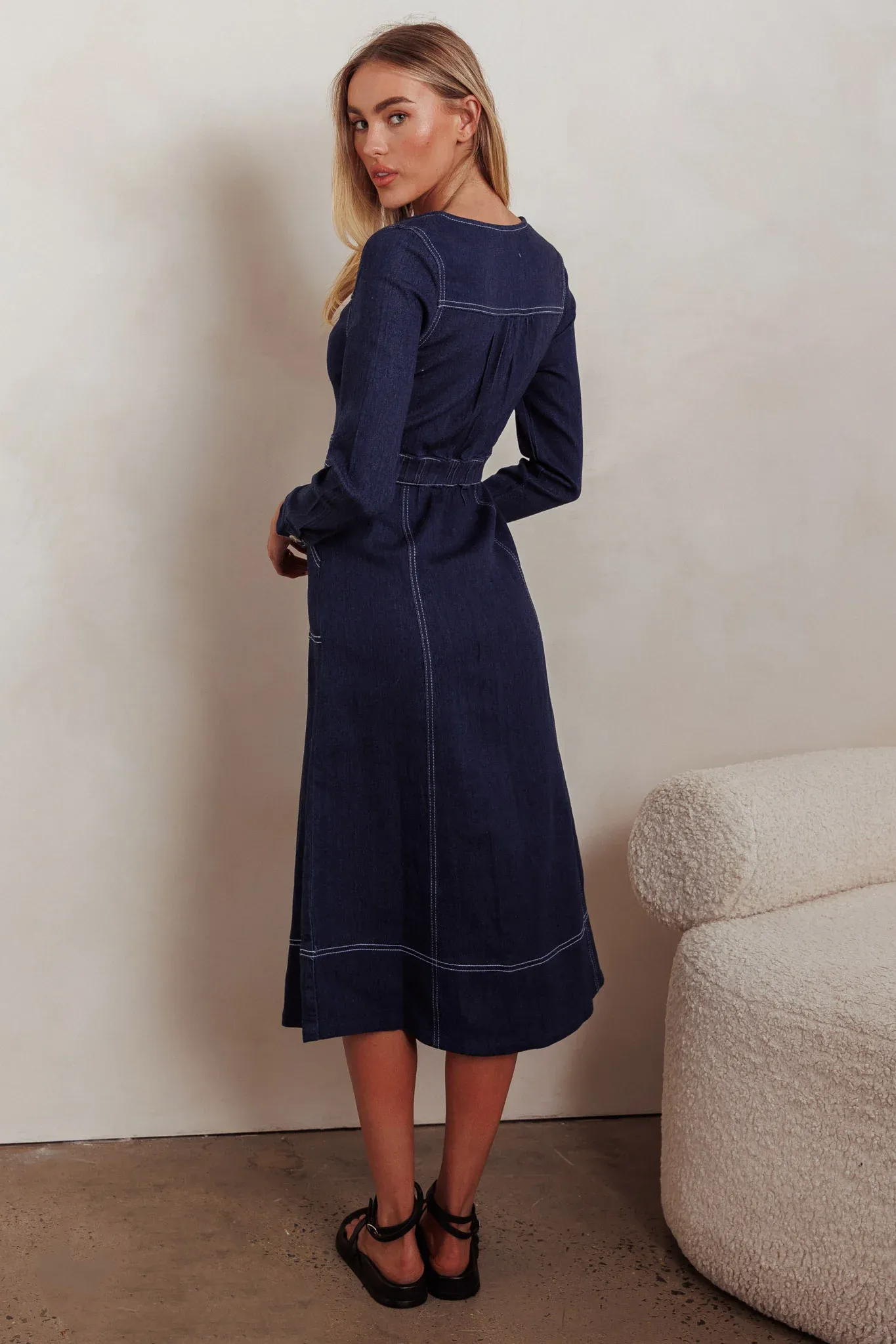 Aspen Love Front Pocket Long Sleeve Midi Dress Indigo