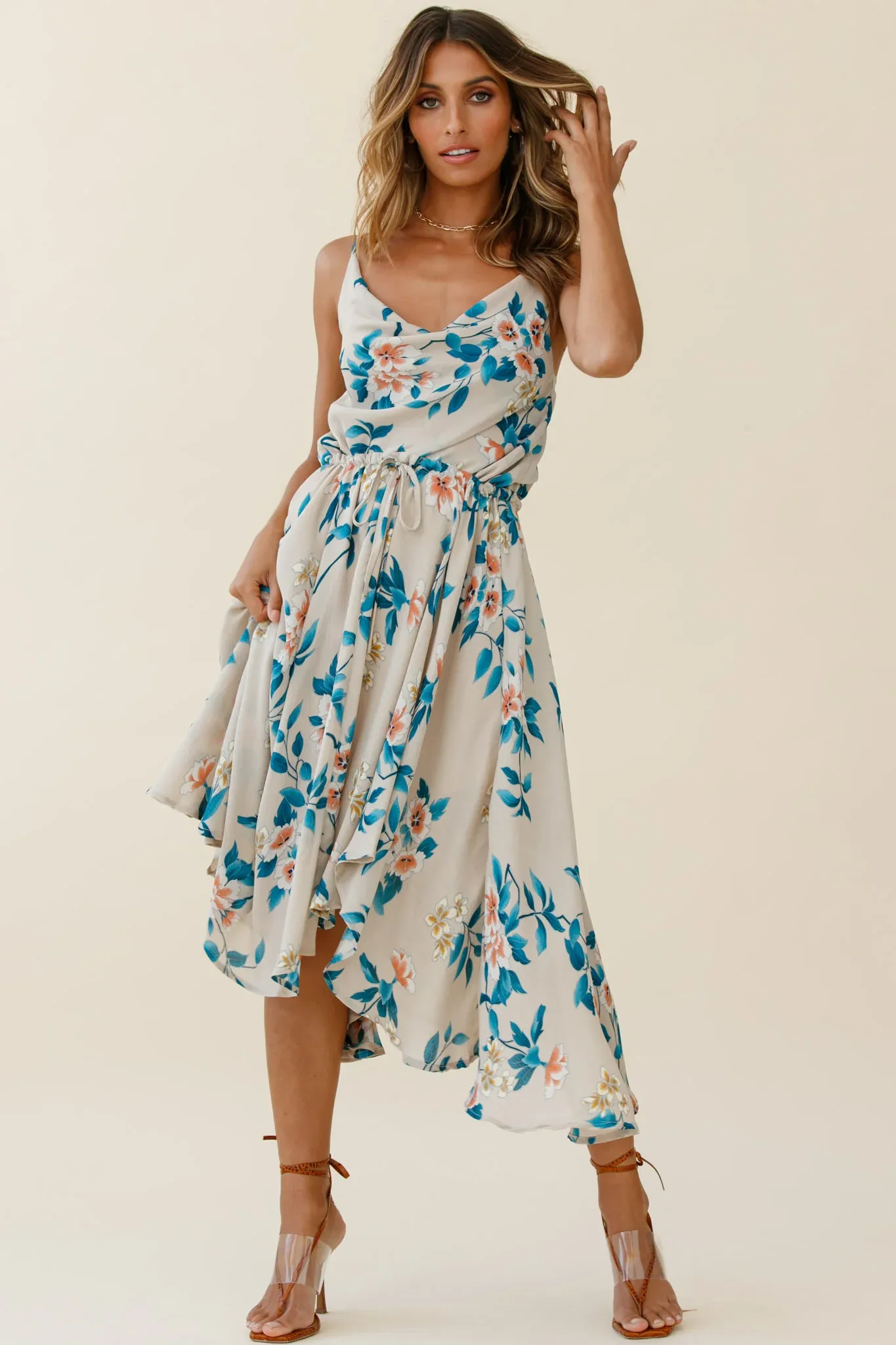 Ava Cowl Neck Drawstring Midi Dress Floral Print Mocha