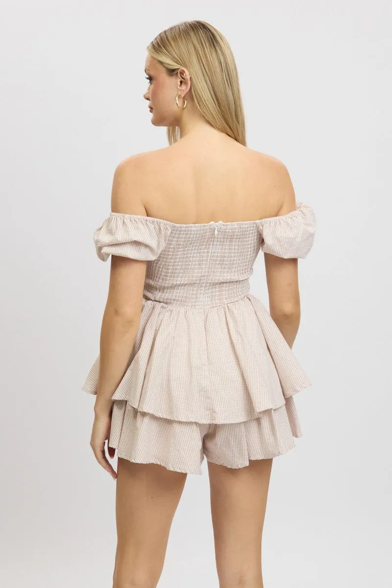 Beige Check Ruffle Playsuit Short Sleeve