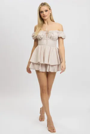 Beige Check Ruffle Playsuit Short Sleeve