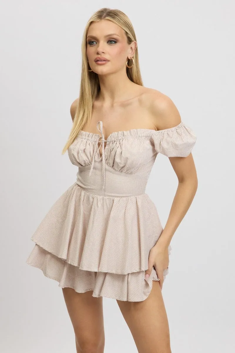 Beige Check Ruffle Playsuit Short Sleeve