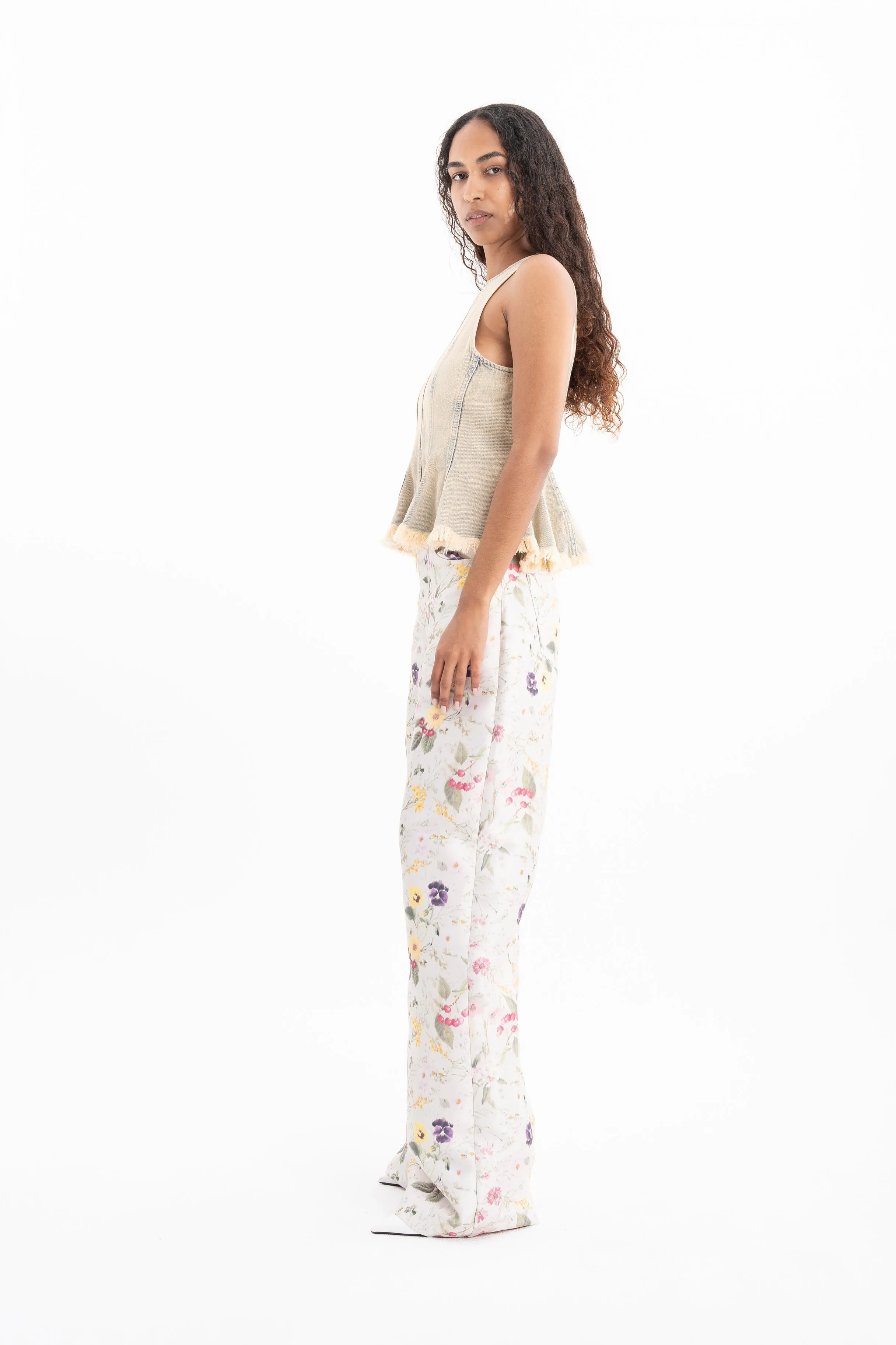 BEIGE OVERDYE DENIM TANK TOP WITH SEAMS
