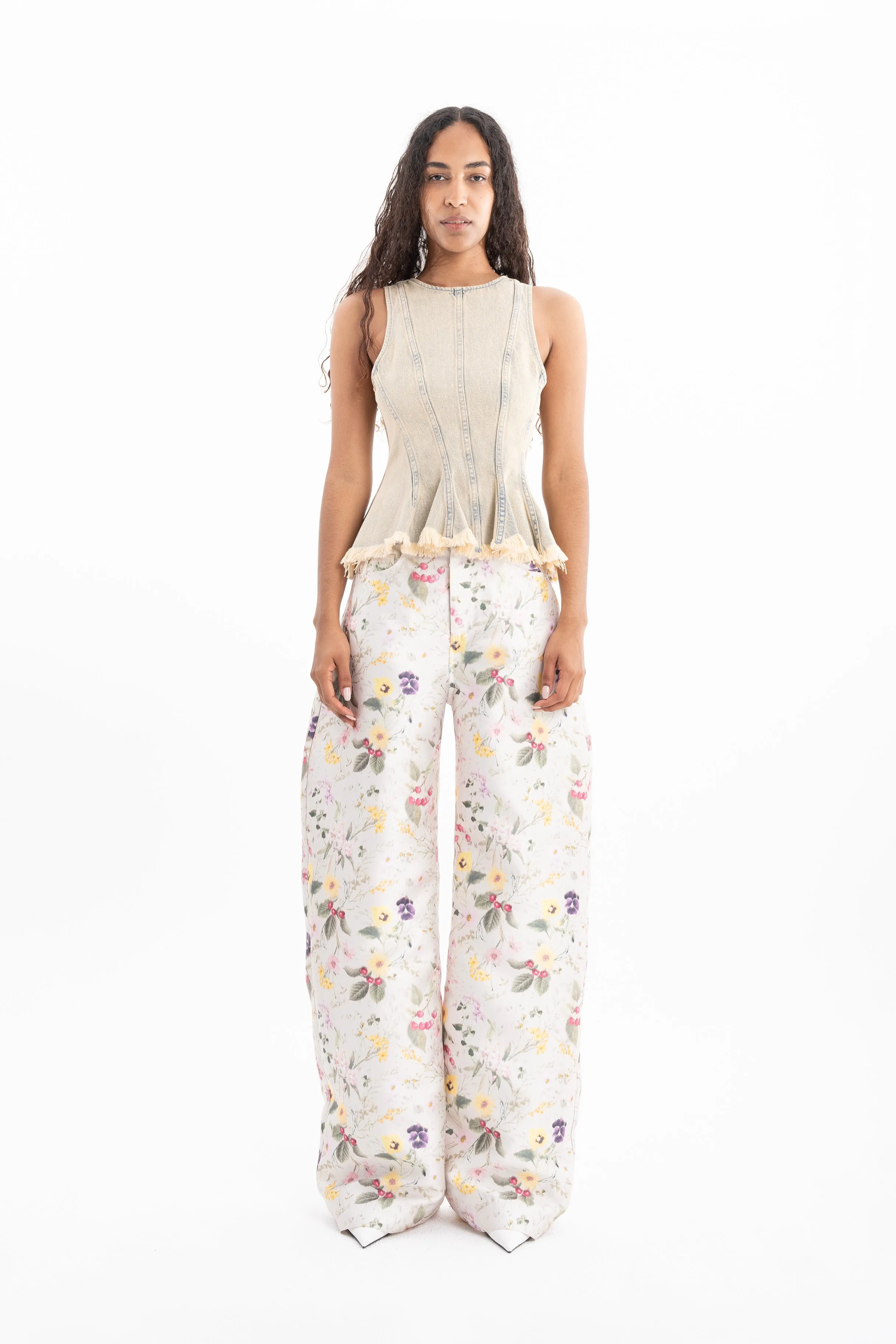 BEIGE OVERDYE DENIM TANK TOP WITH SEAMS