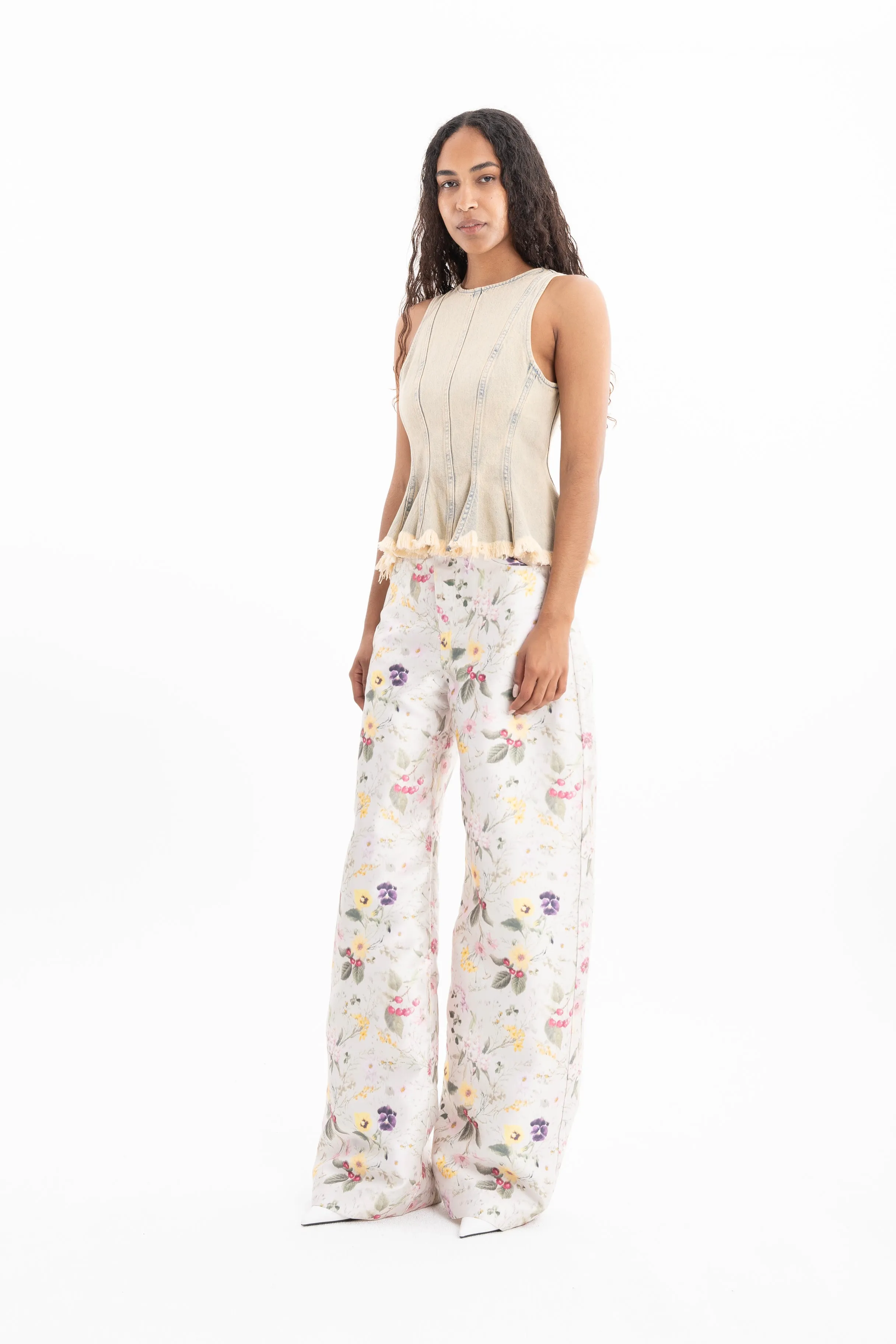 BEIGE OVERDYE DENIM TANK TOP WITH SEAMS