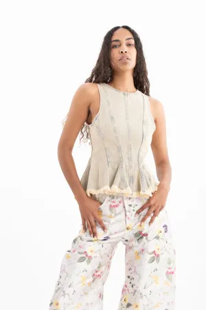 BEIGE OVERDYE DENIM TANK TOP WITH SEAMS