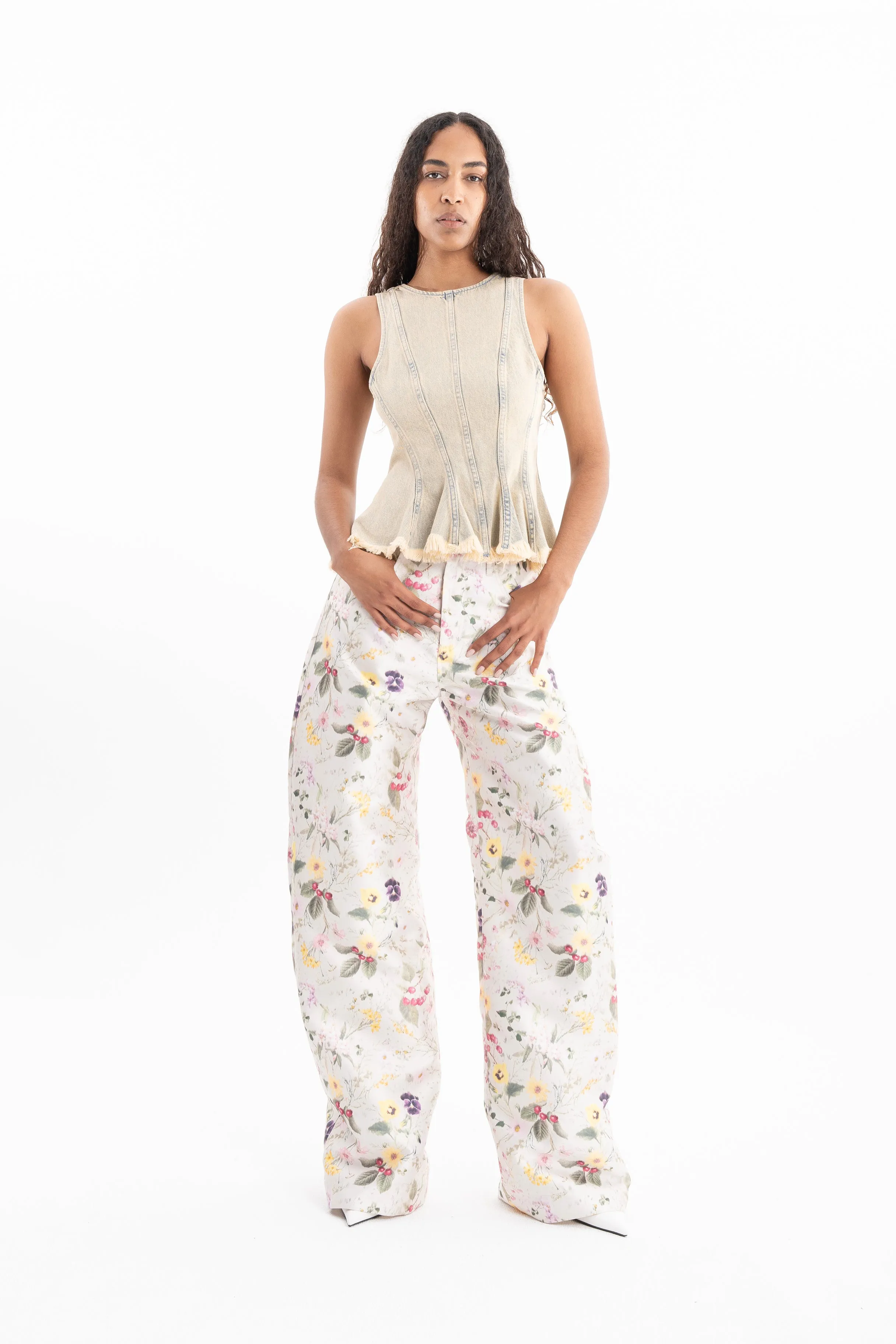 BEIGE OVERDYE DENIM TANK TOP WITH SEAMS