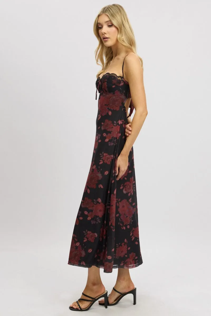 Black Floral Maxi Dress Back Tie Mesh
