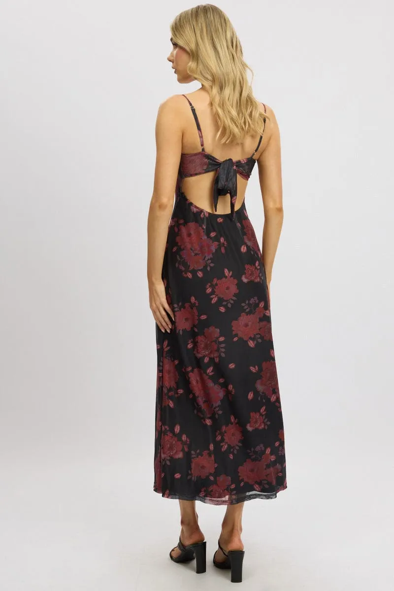 Black Floral Maxi Dress Back Tie Mesh