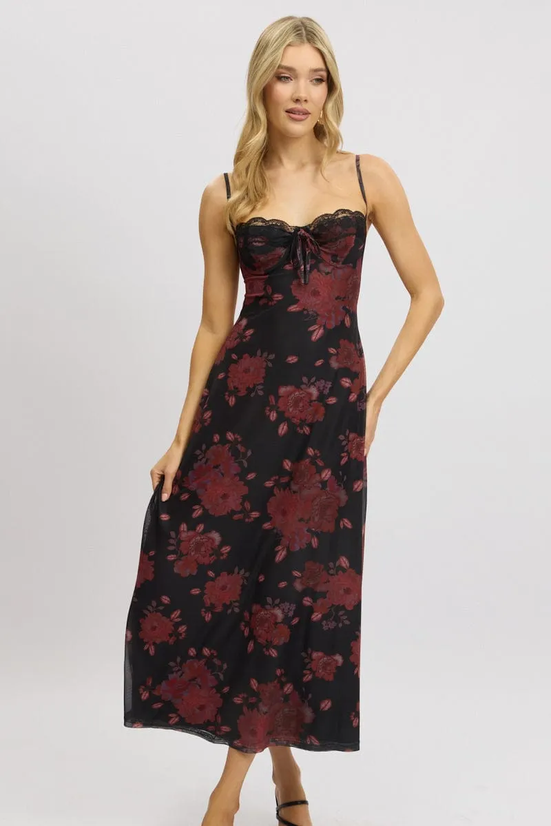 Black Floral Maxi Dress Back Tie Mesh