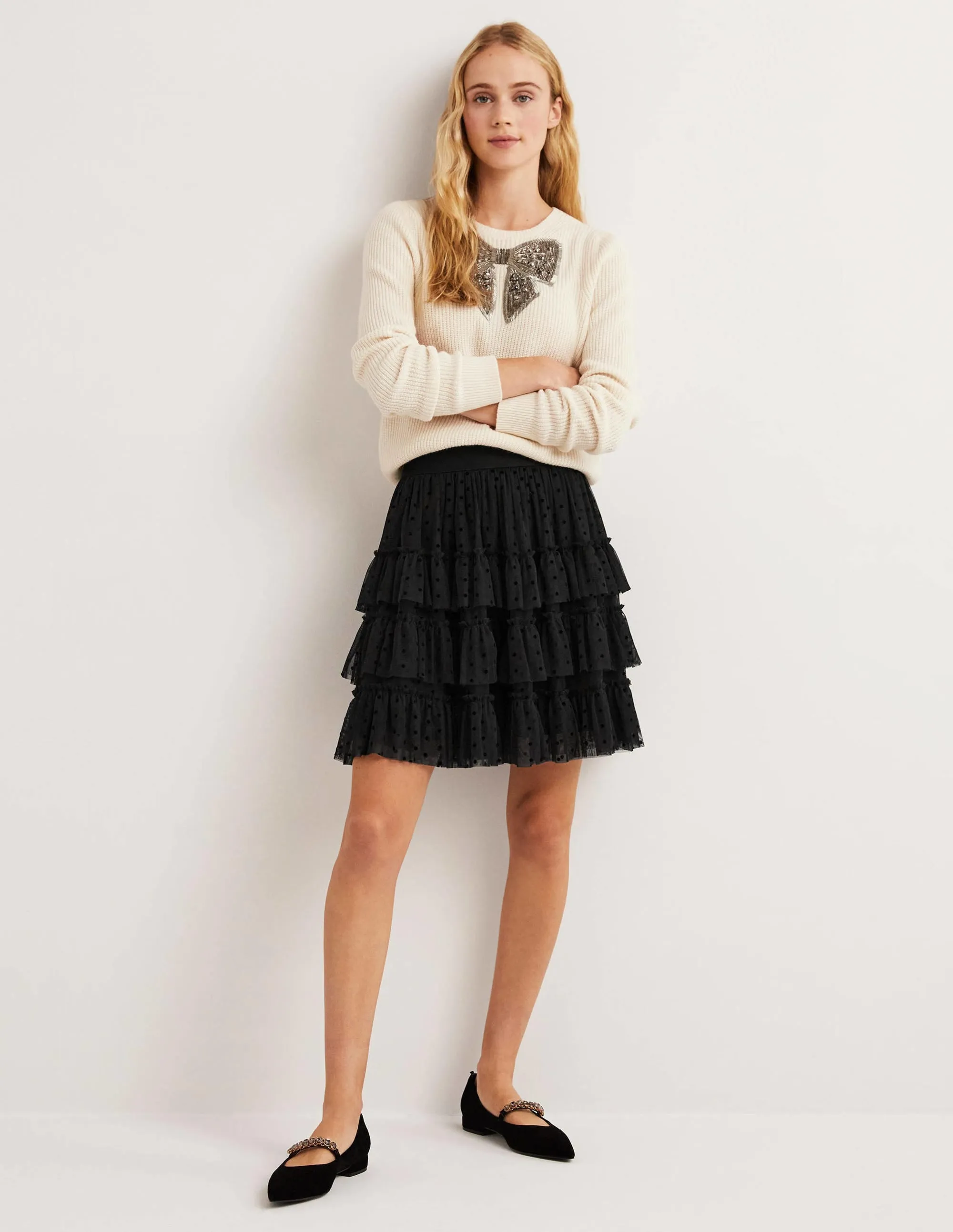 Black Polka Dot Ruffle Tulle Mini Skirt-Black
