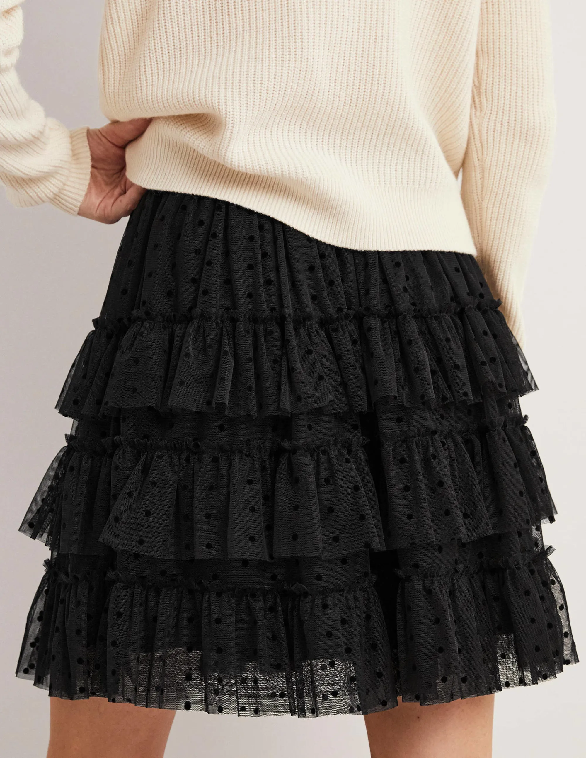 Black Polka Dot Ruffle Tulle Mini Skirt-Black