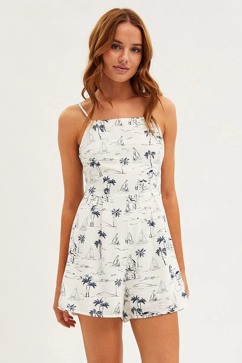 Blue Abstract Print Playsuit Sleeveless