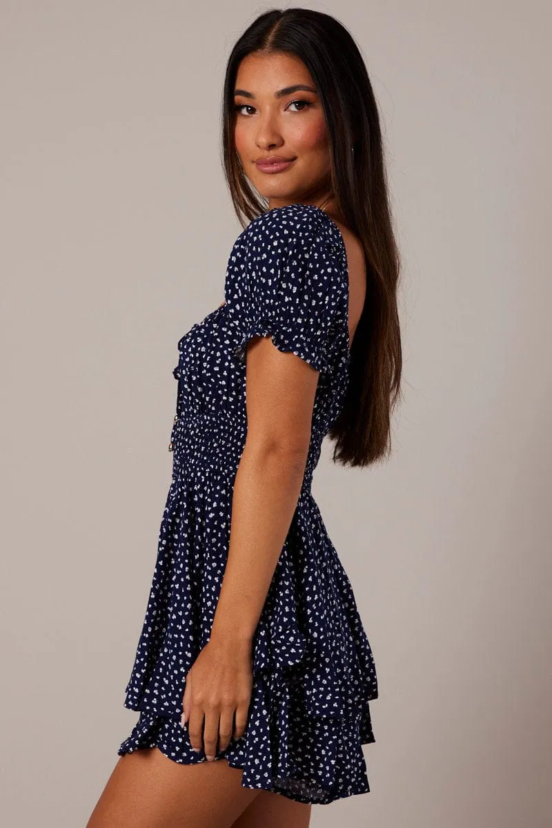 Blue Ditsy Ruffle Playsuit Short Sleeve Ruched Bust