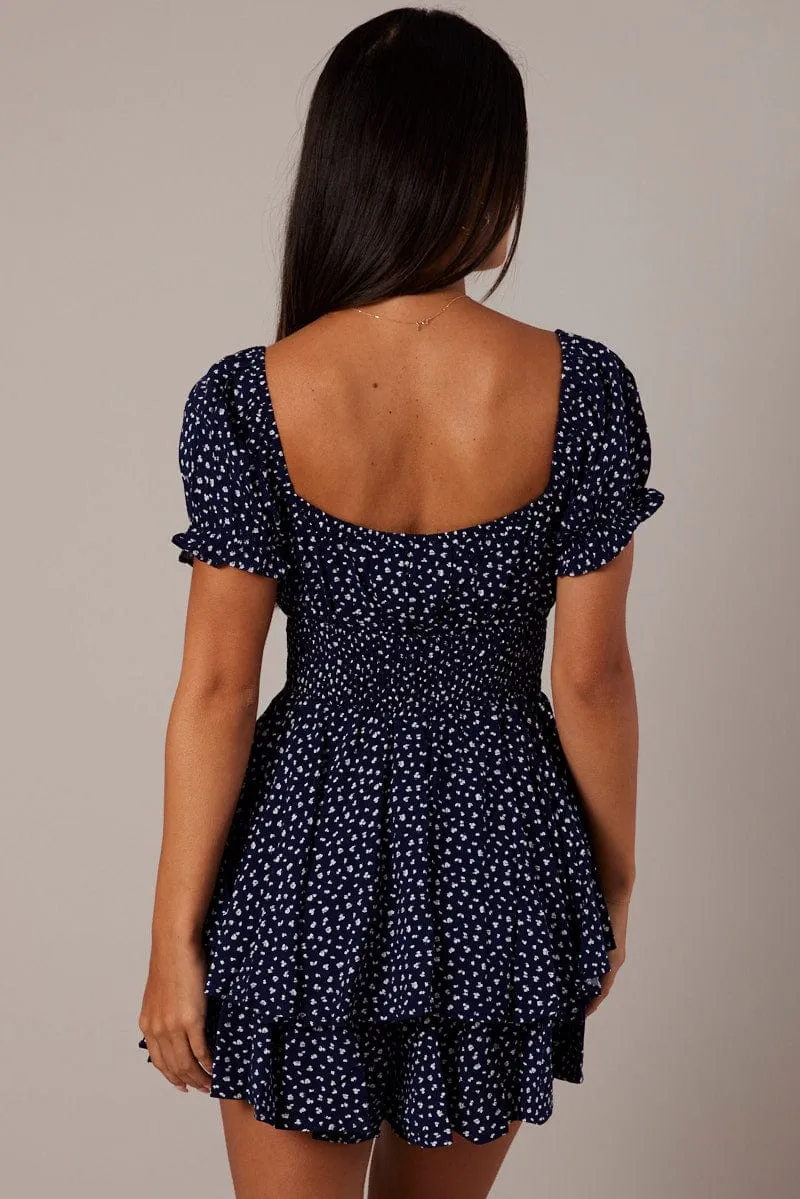 Blue Ditsy Ruffle Playsuit Short Sleeve Ruched Bust