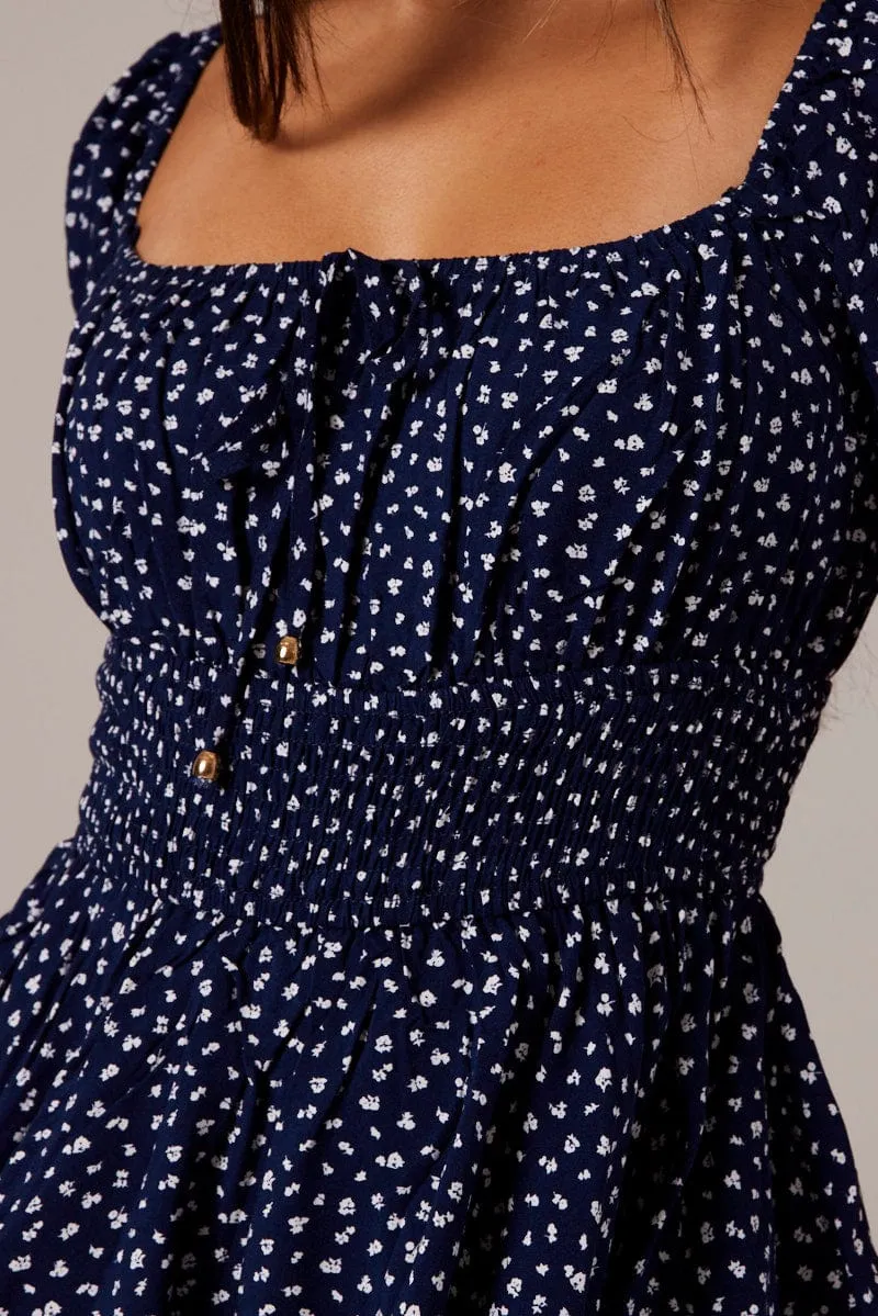Blue Ditsy Ruffle Playsuit Short Sleeve Ruched Bust