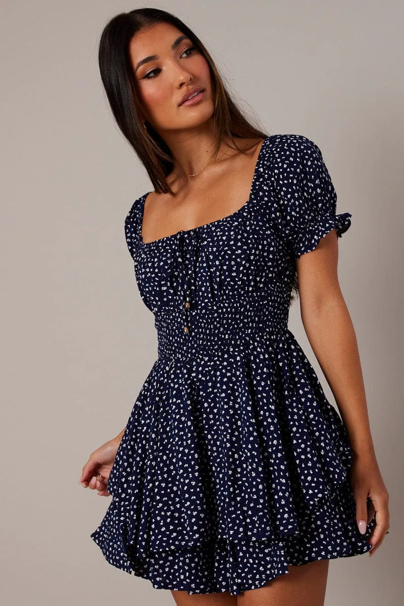 Blue Ditsy Ruffle Playsuit Short Sleeve Ruched Bust