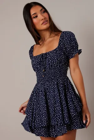 Blue Ditsy Ruffle Playsuit Short Sleeve Ruched Bust