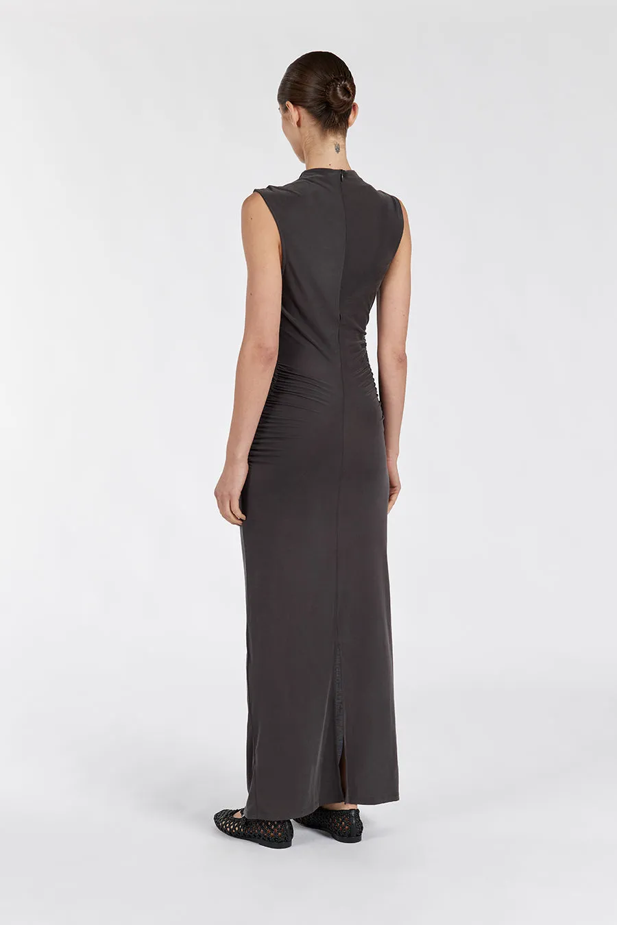 BOSTON SLATE RUCHED MIDI DRESS