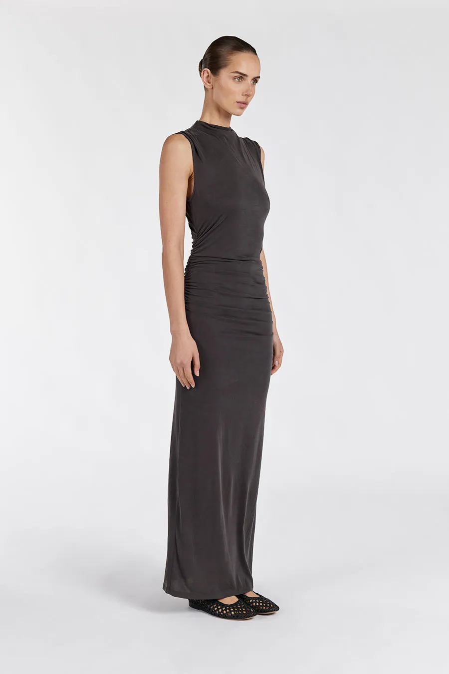 BOSTON SLATE RUCHED MIDI DRESS