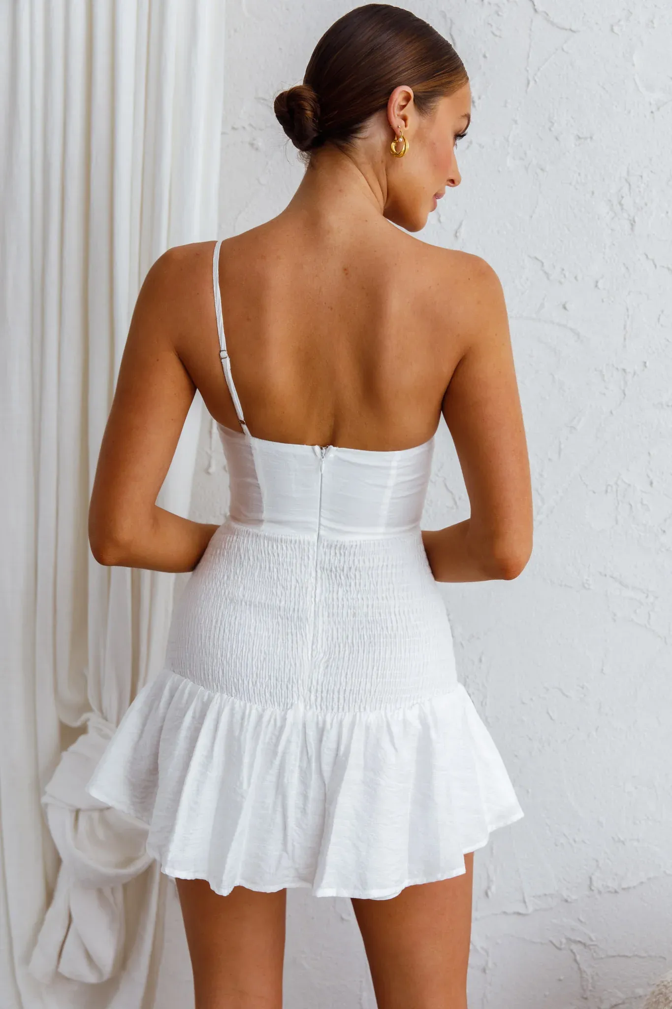 Bridie One Shoulder Shirred Mini Dress White