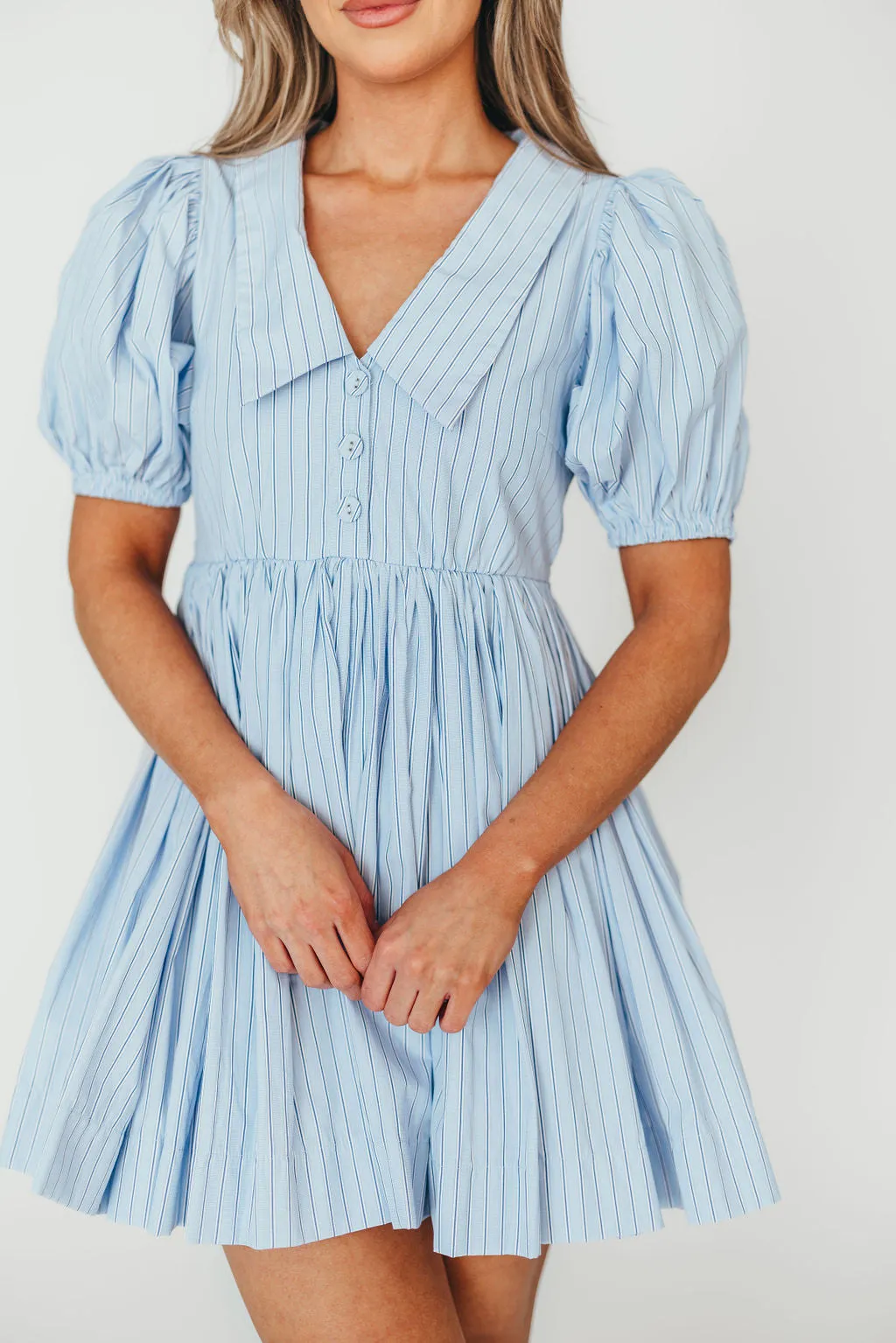 Camilla Pinstripe Collared V-Neck Mini Dress in Blue