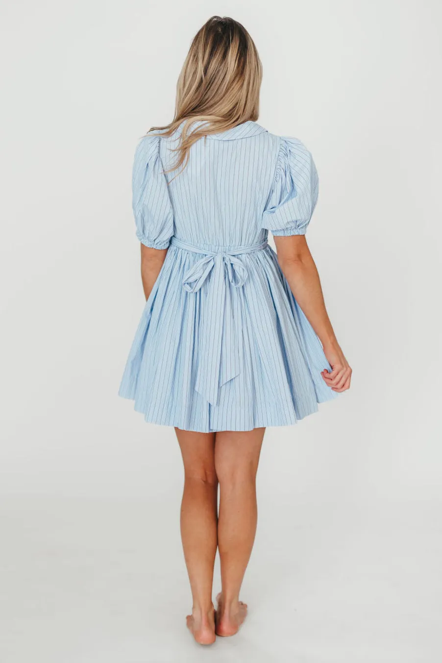 Camilla Pinstripe Collared V-Neck Mini Dress in Blue