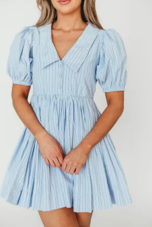 Camilla Pinstripe Collared V-Neck Mini Dress in Blue