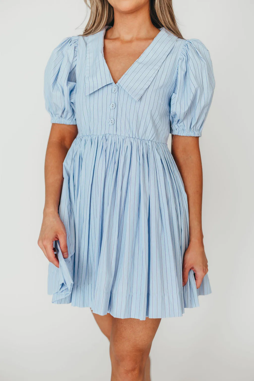 Camilla Pinstripe Collared V-Neck Mini Dress in Blue