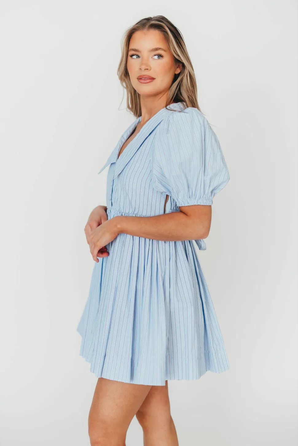 Camilla Pinstripe Collared V-Neck Mini Dress in Blue