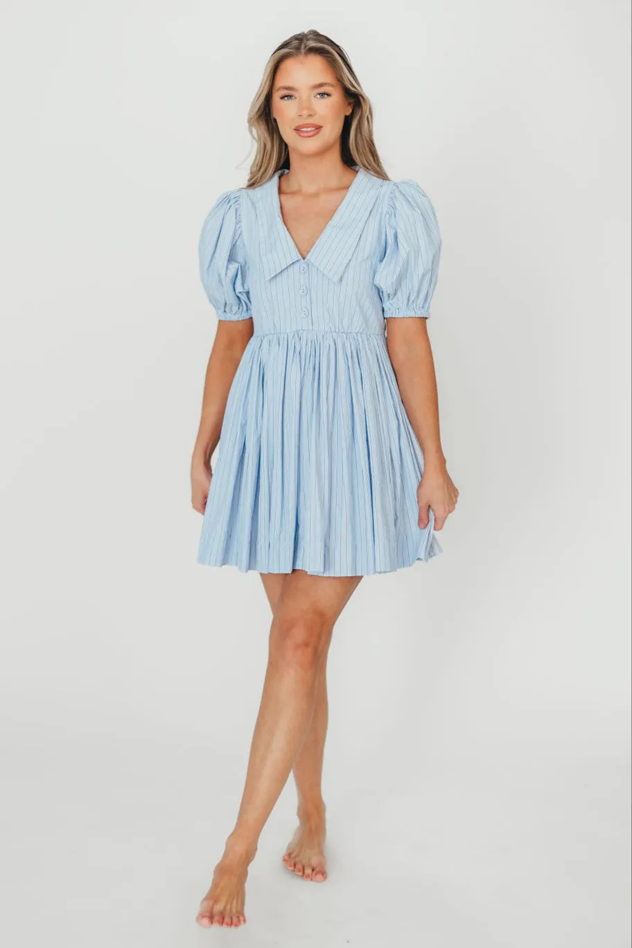 Camilla Pinstripe Collared V-Neck Mini Dress in Blue
