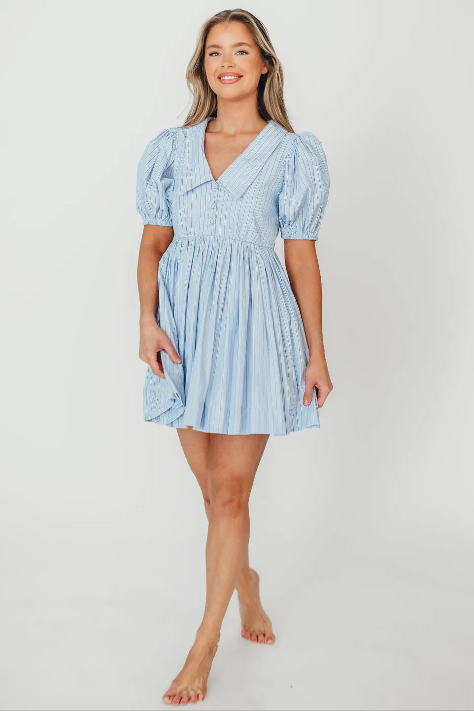 Camilla Pinstripe Collared V-Neck Mini Dress in Blue