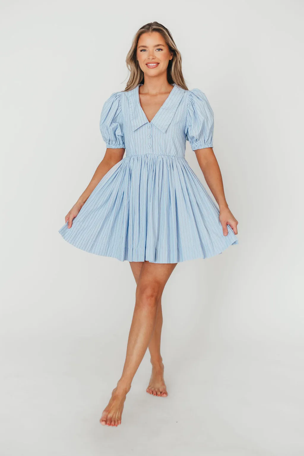 Camilla Pinstripe Collared V-Neck Mini Dress in Blue
