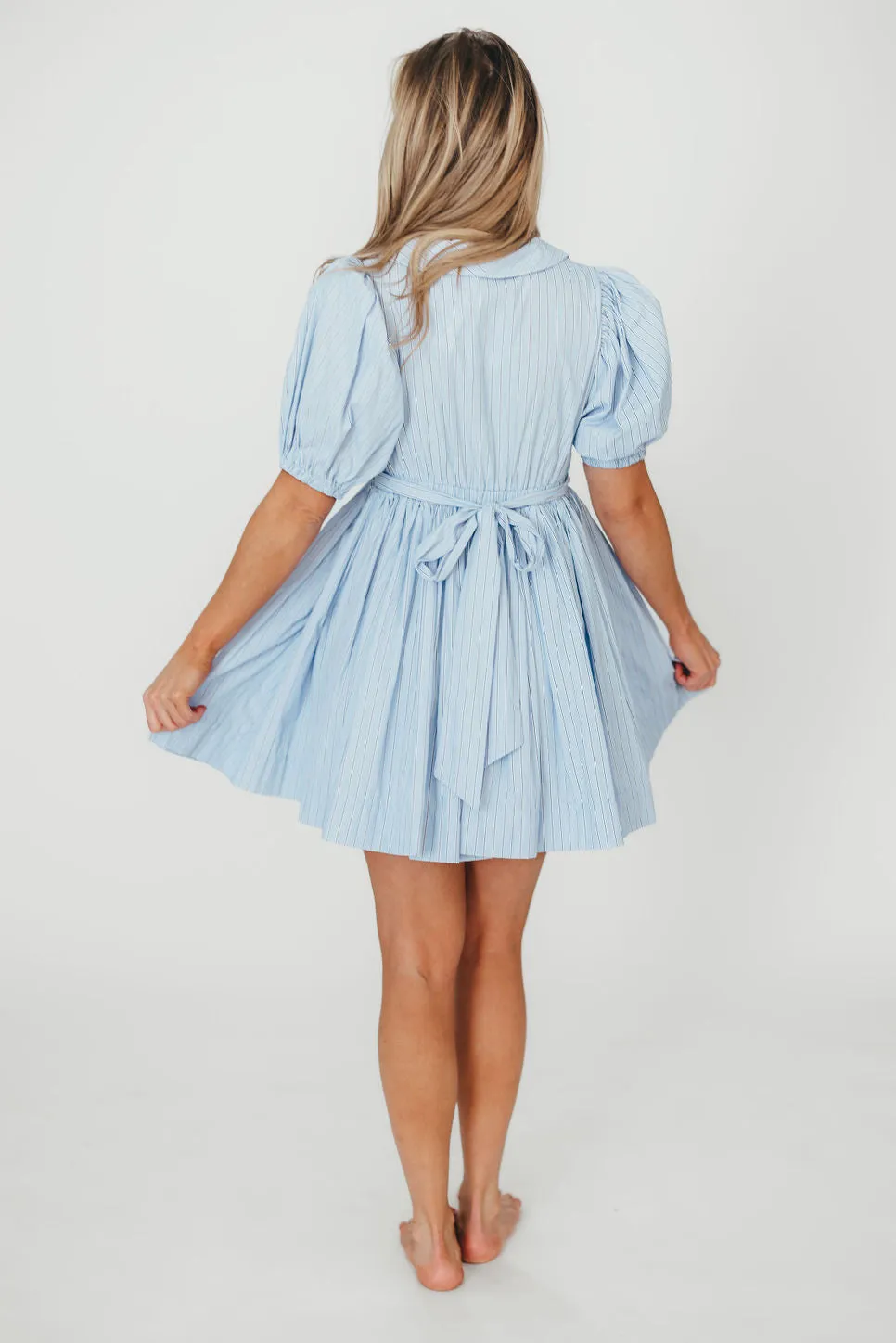 Camilla Pinstripe Collared V-Neck Mini Dress in Blue