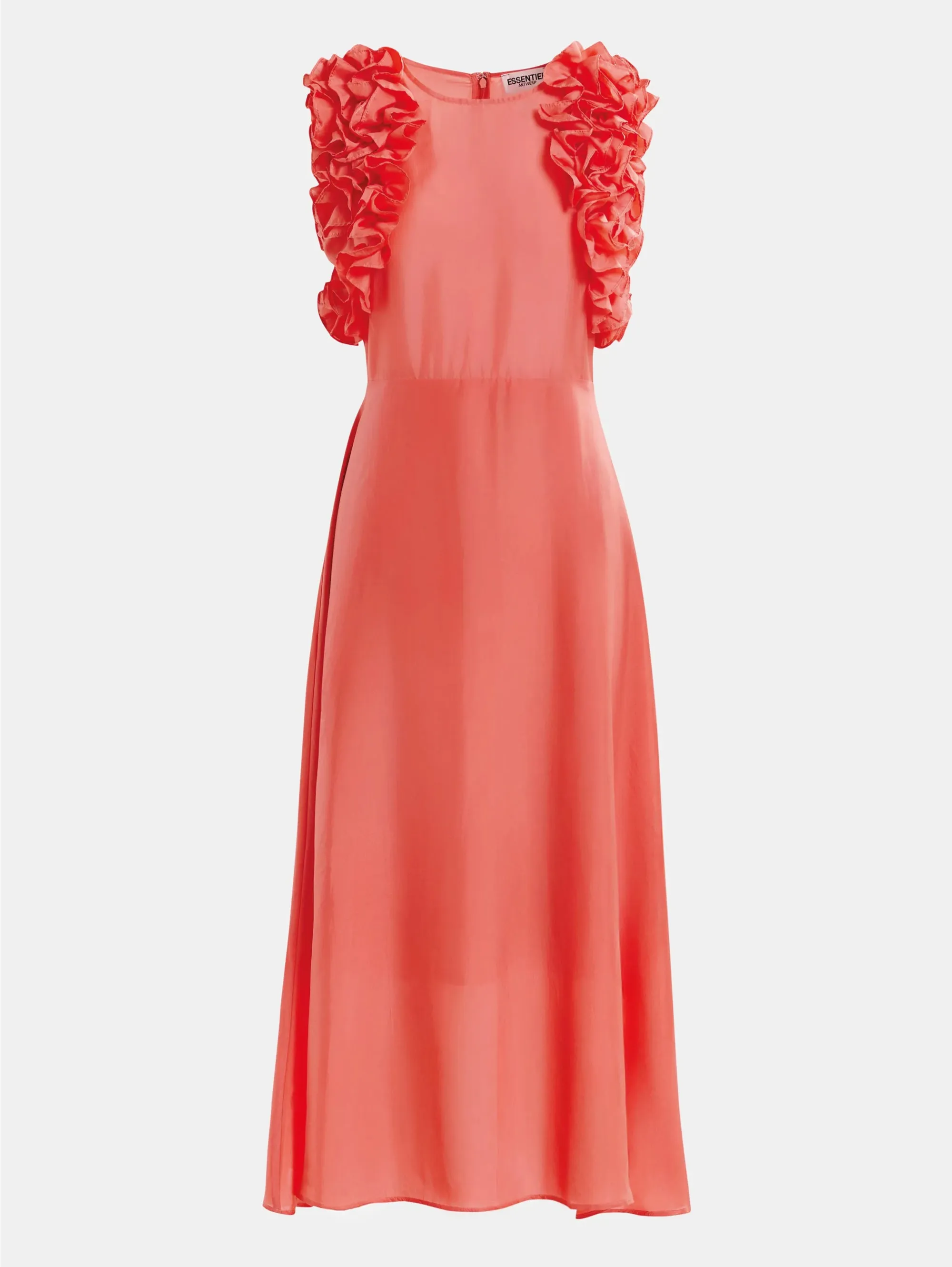 Coral Floral Ruffle Silk Midi Dress