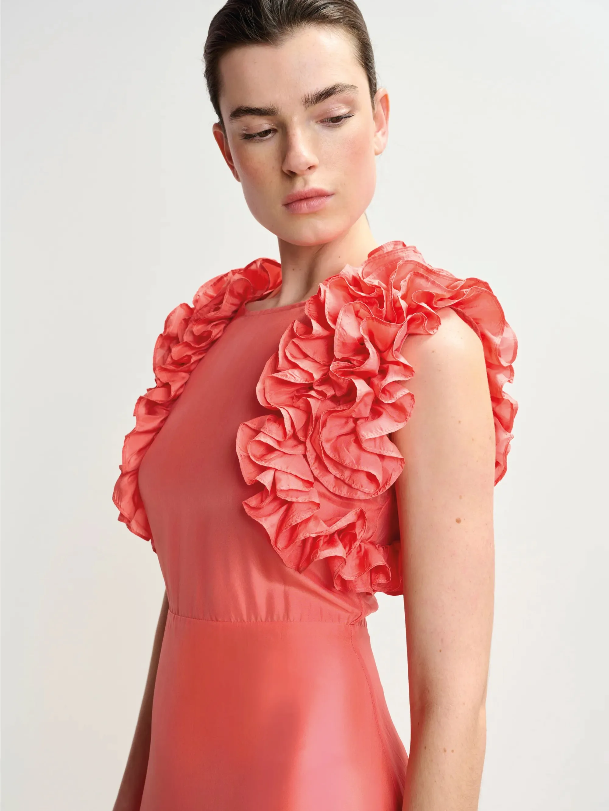 Coral Floral Ruffle Silk Midi Dress