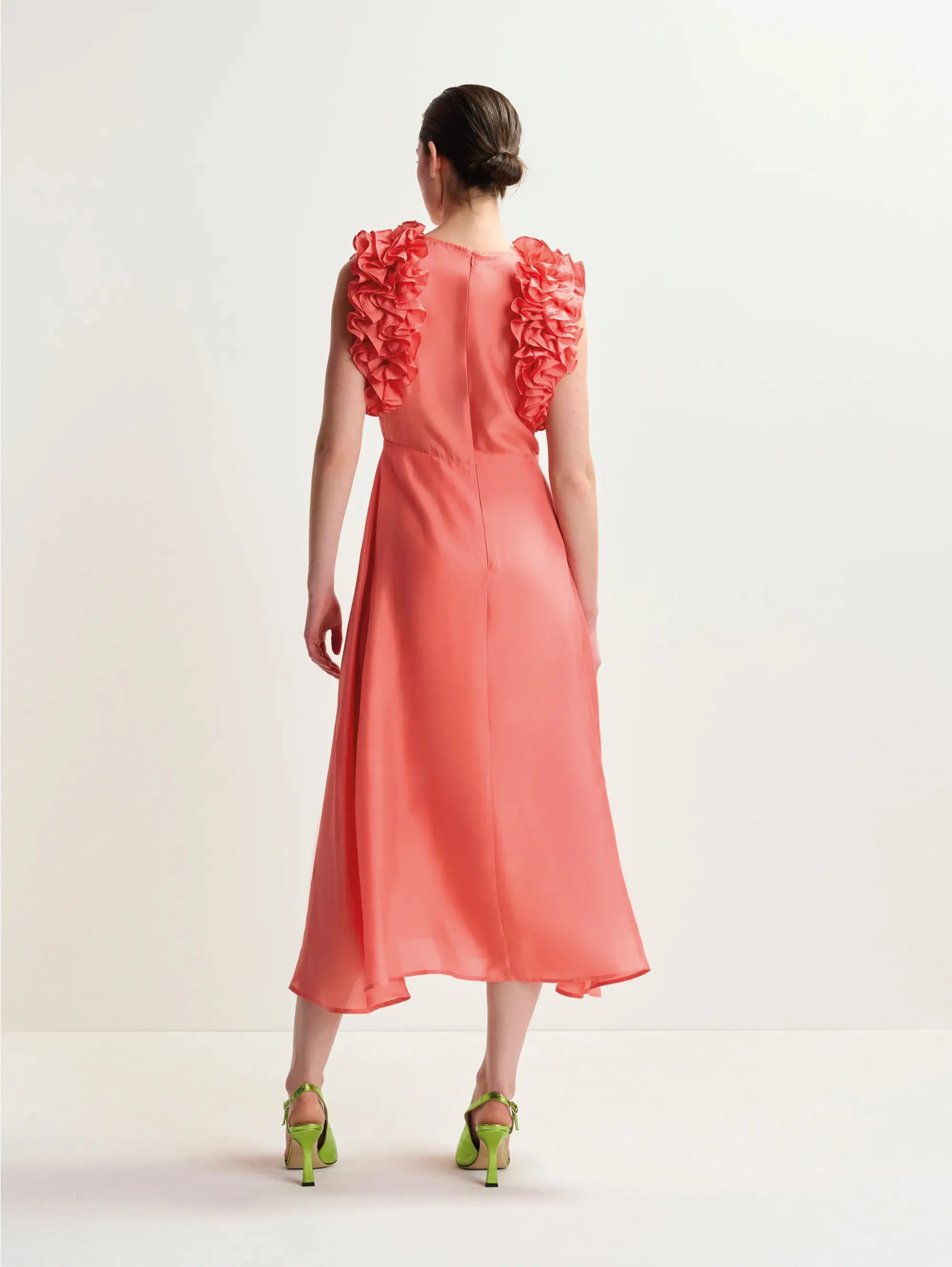 Coral Floral Ruffle Silk Midi Dress
