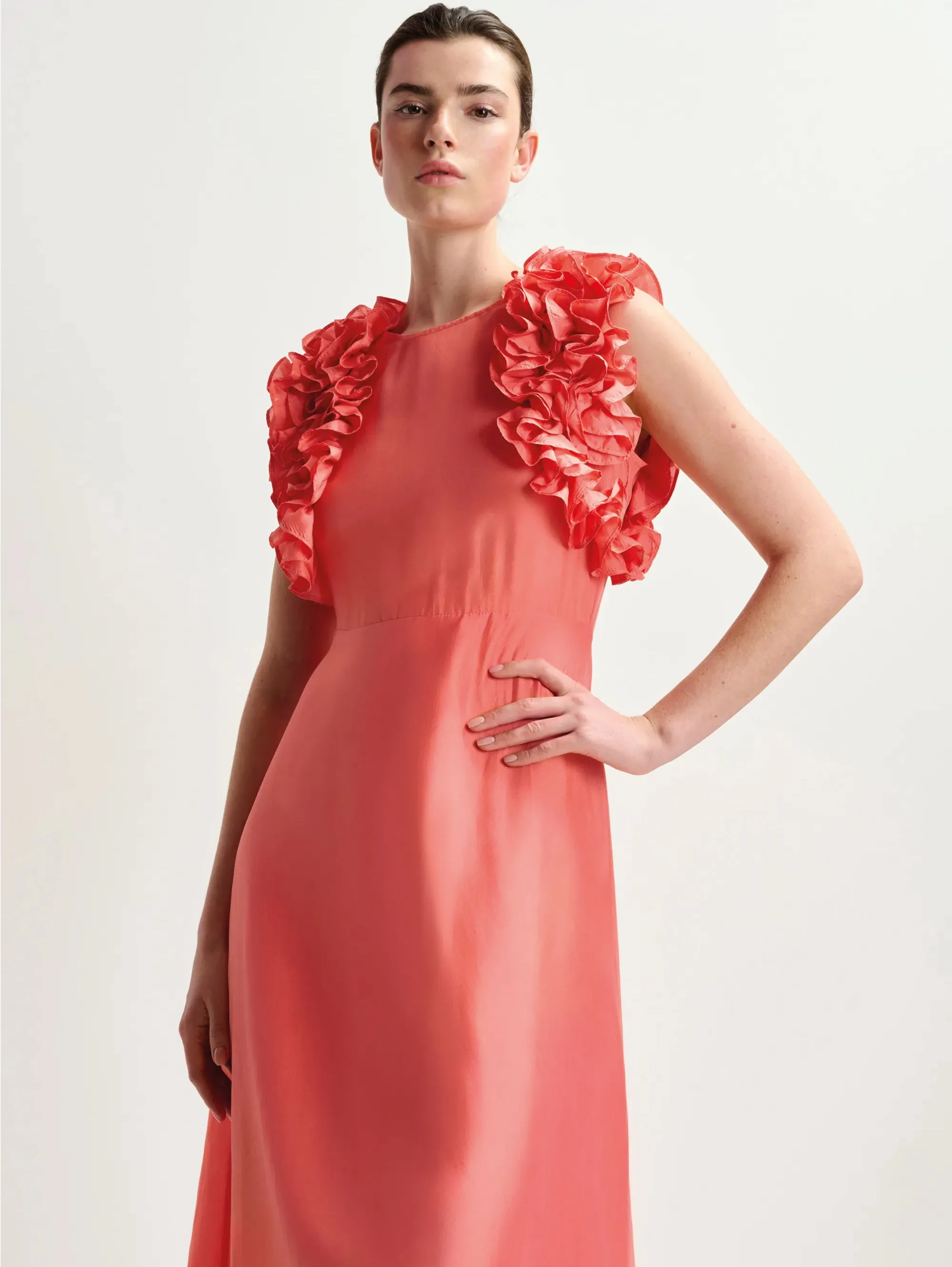 Coral Floral Ruffle Silk Midi Dress